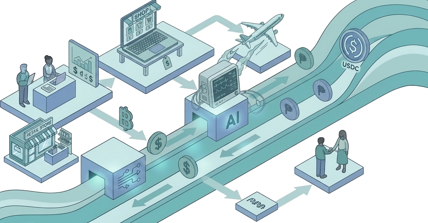 Isometric illustration of merchant payment flows converging through an AI intelligence layer